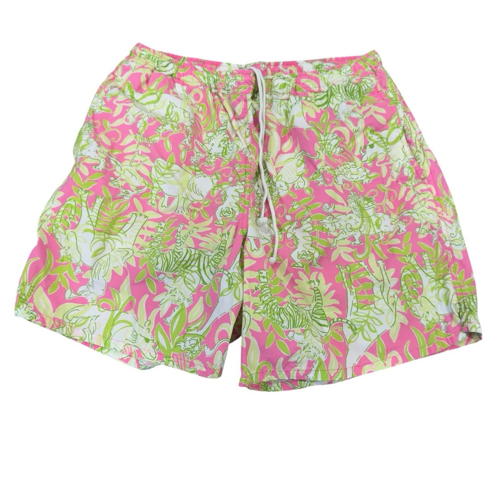 Lilly Pulitzer Men's Size L Pink/Green Animal Print 6.5" Mesh Lined Swim Trunks